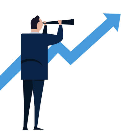 Businessman looks through a telescope on growth arrow. Vision and Growth concept. Business concept...