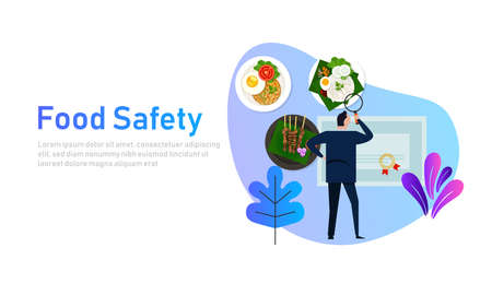Food safety concept of standard compliance. Man looking at food certification paper document. Vectorのイラスト素材