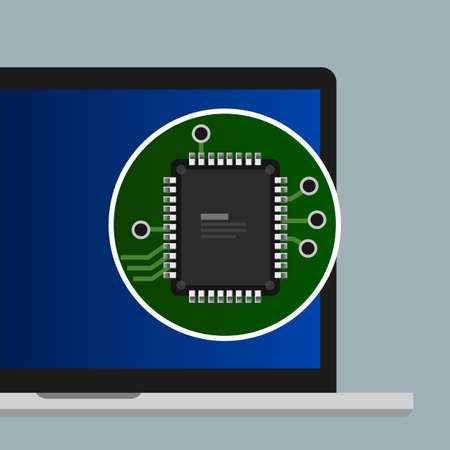 Chip processor CPU on laptop computer flat illustration concept. Electronic board component hardware.のイラスト素材