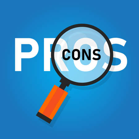 pros cons concept on decision making process. Listing positive and negative for a solution or choice. research question survey. word zoomed with magnifying glass. vectorのイラスト素材