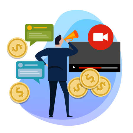 The concept of monetization of the video. Making money coin on video content. Vector illustration.のイラスト素材