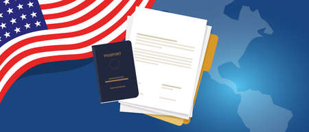 Visa application document or work student permit for US United States of America. Passport and paper symbol of immigration reformのイラスト素材