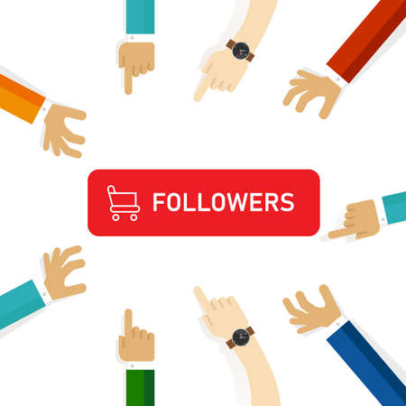 Buy followers in social media to get attention from the crowd. Shopping cart in buttonのイラスト素材