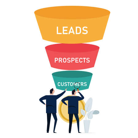 optimize sales funnel businessman analyze improve business conversion marketing from leads to prospects to customers maximize profitのイラスト素材