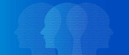head binary number symbol of artificial intelligence thinking digital technology blue background...