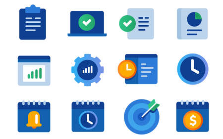 icon set collection of productivity gear notification calendar project management alert bell clock task list target in blue colorのイラスト素材