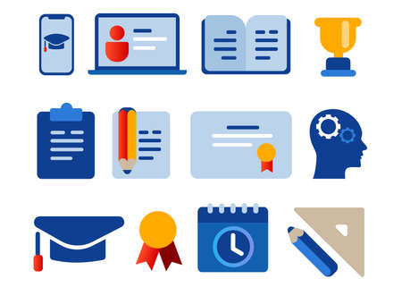 icon set of online education laptop screen smartphone book cap pencil trophy learning training web diploma courseのイラスト素材