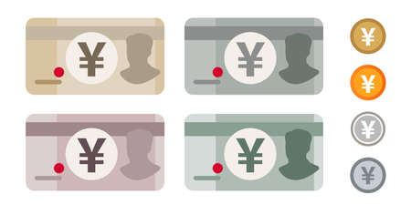 Yen Japan Japanese bank notes currency icon set collection paper money and coin