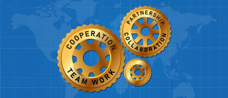 cogs wheel gear with map global partnership international team work collaboration cooperationのイラスト素材