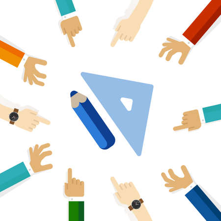 pencil and triangle ruler symbol icon of geometry math geometry study of measurement science with hand pointing team focus on conceptのイラスト素材