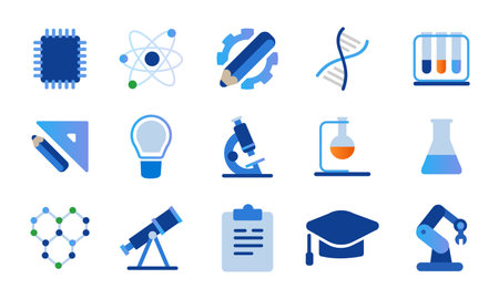 Research icon set collection of biochemistry technology astronomy tube flask lab academic and roboticのイラスト素材