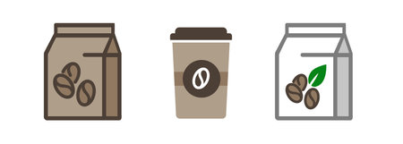 Coffee bean icon symbol roasted in brown paper pouch takeaway symbol iconのイラスト素材