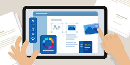 web design website designer working on large screen create interface layout using softwareのイラスト素材