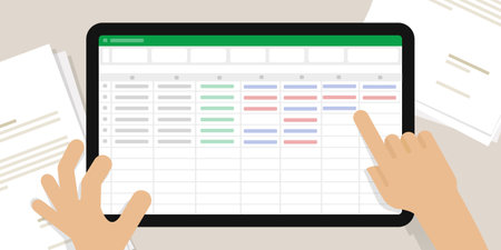 spreadsheet screen in tablet hand do accounting counting number office work financial calculationのイラスト素材