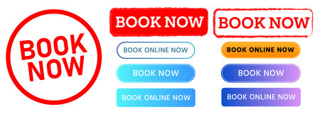 book now rectangle red stamp and button website modern online for order reserveのイラスト素材