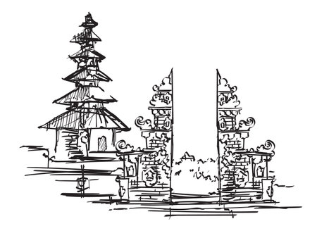 Bali temple Balinese building architecture gate traditional hand drawing sketch illustration temple Indonesiaのイラスト素材