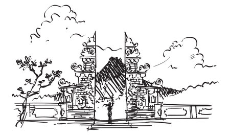 Bali Balinese gate architecture of traditional temple with mountain and tree scene hand drawing illustration sketchのイラスト素材