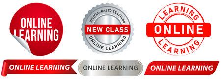 Online leaning study distance teaching lecture school university class website academy virtual meeting stamp colorful badge emblem sticker label seal design icon set collectionのイラスト素材