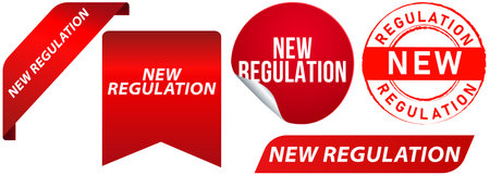 New regulations terms rules agreement service work policy stamp red badges sticker seal banner ribbon emblem peeler design icon set collectionのイラスト素材