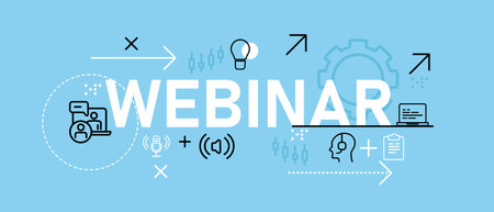 Webinar conceptual website seminar web online discussion information course teaching learning group teamwork design icon outline set collection blue backgroundのイラスト素材