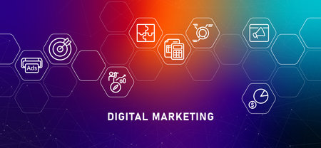 Digital marketing advertising online internet advertisement product sales communication company service illustration web headerのイラスト素材