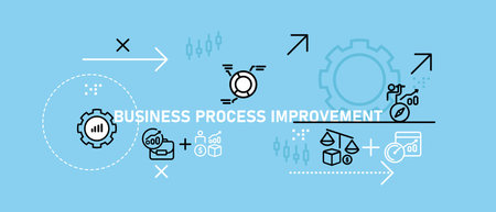 Conceptual business process improvement design featuring data analysis workflow planning strategy skill development finance job management employee performance optimization represented through iconsのイラスト素材