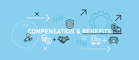 Conceptual compensation and benefits design featuring employee payroll bonuses career rewards transport healthcare insurance work profit represented through icon outline set collectionのイラスト素材