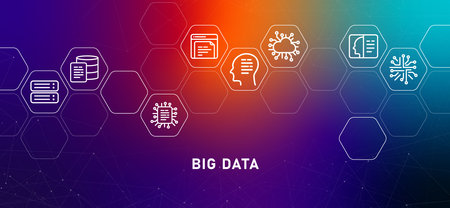 Big data gradient header modern technology system database server development storage management programming analysis connection icon design illustrationのイラスト素材