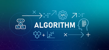 Algorithm conceptual banner illustration flowchart representing rules and logic procedure or formula...