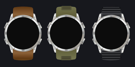 realistic vector smartwatches round with silver metal case and straps collection of modern wearable devices graphic design elements and mockupsのイラスト素材
