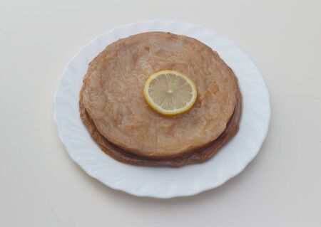 tea mushroom for making kombucha drink with lemon in a white plateの写真素材
