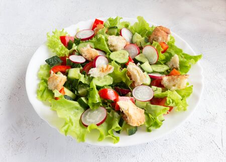 Summer vegetarian fattoush salad of vegetables and toasted pita bread on a light background.の写真素材