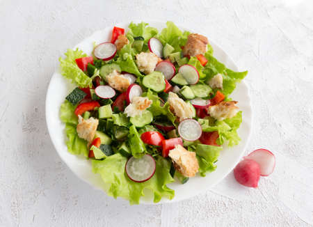 Fattoush salad with cucumber, tomatoes, radishes and toasted pita bread. Top viewの写真素材