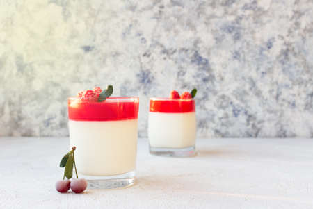 Two glasses of summer berry and cream pannacotta dessert.の写真素材