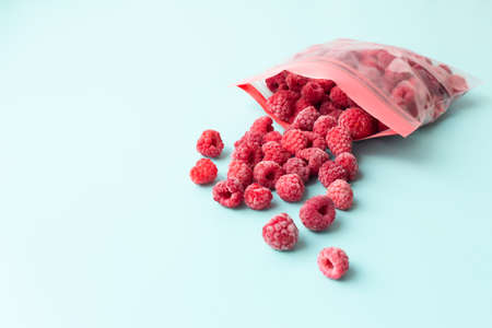 Storing fresh raspberries in freezer bags. Frozen berries on a blue background.の写真素材