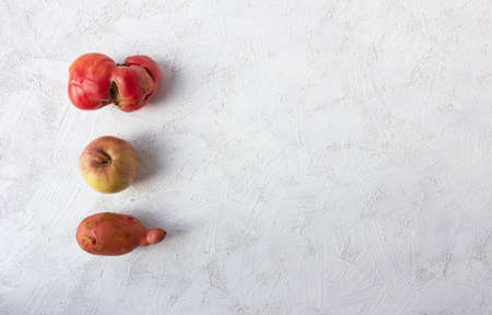 Ugly vegetables and fruits on a white background. Custom-made tomato, potato and apple.の写真素材