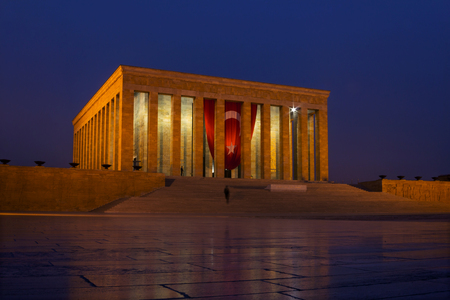Mustafa Kemal Ataturk`s Mausoleum with Turkish flag in Ankara by nightのeditorial素材