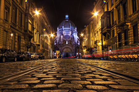 Night street view of the Rue Royale with Sainte-Marie church in Schaerbeek, Brussel, Belgiumのeditorial素材
