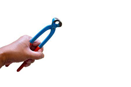 in the hands of inspectors and maintenance the tool is a wire plier, White background isolated, copy space.の写真素材