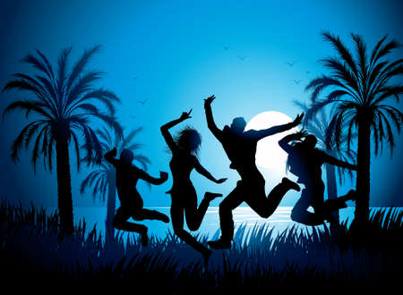 Composition with silhouettes of people against palm treesのイラスト素材