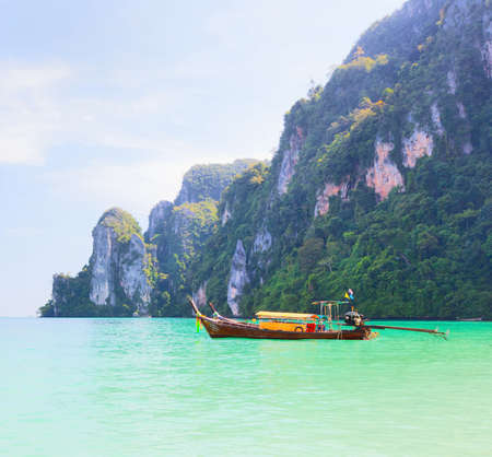 Boat and islands in andaman sea Thailandの写真素材