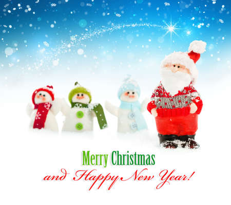 Santa and snowmen on a blue background with snowflakesの写真素材
