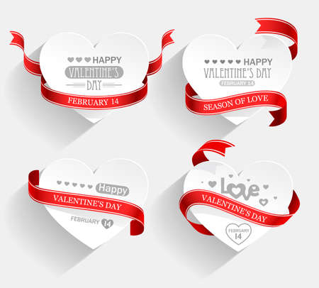 Emblems with hearts and red ribbons with shadow  Vectorのイラスト素材