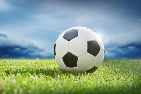 Soccer ball on green grass before the stormの写真素材
