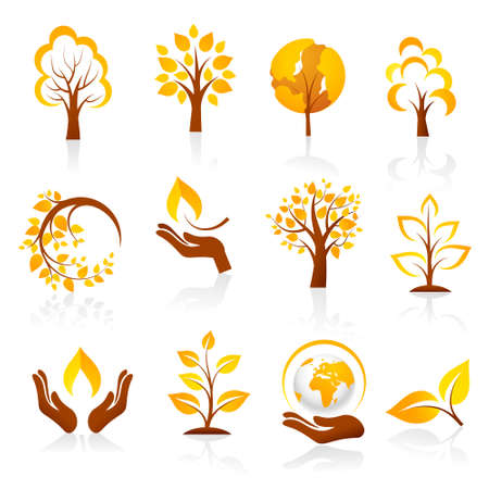 Collection of nature icons with reflection isolated on white. Vectorのイラスト素材