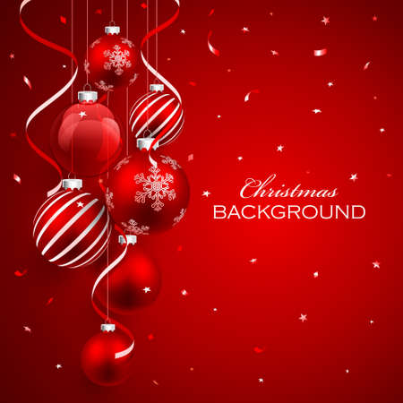 Christmas balls on red background and confetti. Vector illustrationのイラスト素材