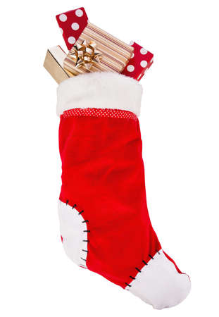 Christmas stocking with gifts isolated on white background