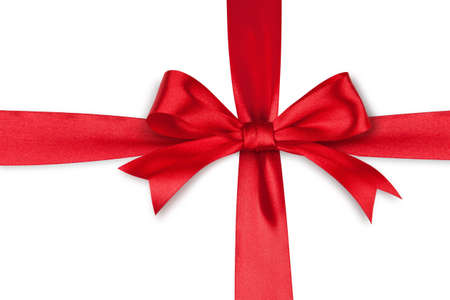 Red satin bow isolated on white backgroundの写真素材