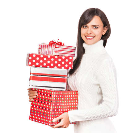 Beautiful girl with gifts isolated on white backgroundの写真素材