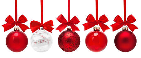 Christmas red balls isolated on white backgroundの写真素材